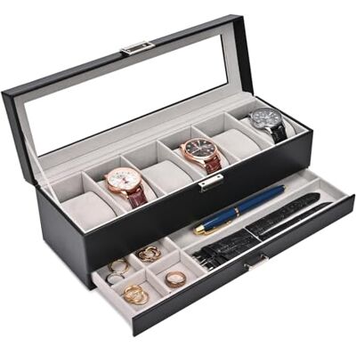 ProCase Caja de Relojes 6 Ranuras con Cajón -Negro Organizadora de Reloj de 2 Capas, Estuche de Relojes con Tapa de Cristal, Idea de Regalo ProCase Caja de Relojes 6 Ranuras con Cajón -Negro Organizadora de Reloj de 2 Capas, Estuche de Relojes con Tapa de Cristal, Idea de Regalo