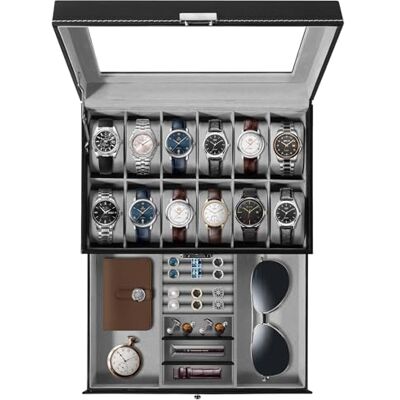Uten Caja de 12 Relojes, caja de Reloj de Doble Capa, caja de Almacenamiento de Exhibición de Colección de Joyas, Regalo Ideal, Hombres y Mujeres Joyero Uten Caja de 12 Relojes, caja de Reloj de Doble Capa, caja de Almacenamiento de Exhibición de Colección de Joyas, Regalo Ideal, Hombres y Mujeres Joyero
