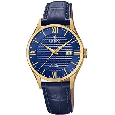 Festina Swiss Made Reloj Hombre Analógico de Cuero Azul Movimiento de Cuarzo, Calendario, Cristal Zafiro de Alta Resistencia, Resistente al Agua 10 ATM Elegante Festina Swiss Made Reloj Hombre Analógico de Cuero Azul Movimiento de Cuarzo, Calendario, Cristal Zafiro de Alta Resistencia, Resistente al Agua 10 ATM Elegante