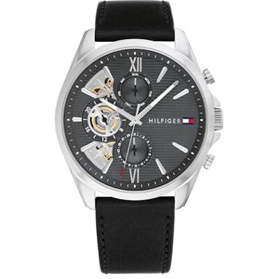 Tommy Hilfiger Reloj Analógico de Cuarzo Multifunción para Hombre con Correa de Cuero Negra Tommy Hilfiger Reloj Analógico de Cuarzo Multifunción para Hombre con Correa de Cuero Negra