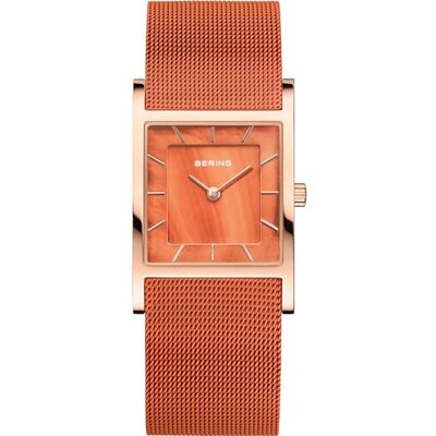BERING Reloj de Cuarzo para Mujer con Caja de Acero Inoxidable de 26 mm con Acabado en Oro Rosa y Esfera Naranja, Correa milanesa, Cristal de Zafiro y Resistencia al Agua de 5 ATM BERING Reloj de Cuarzo para Mujer con Caja de Acero Inoxidable de 26 mm con Acabado en Oro Rosa y Esfera Naranja, Correa milanesa, Cristal de Zafiro y Resistencia al Agua de 5 ATM