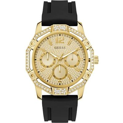 GUESS Reloj de Pulsera para Hombre con Fecha, circonita, Correa de Silicona Negra, Cristal Mineral, Esfera Dorada, 3 Bares, diámetro de la Caja: 46 mm GUESS Reloj de Pulsera para Hombre con Fecha, circonita, Correa de Silicona Negra, Cristal Mineral, Esfera Dorada, 3 Bares, diámetro de la Caja: 46 mm