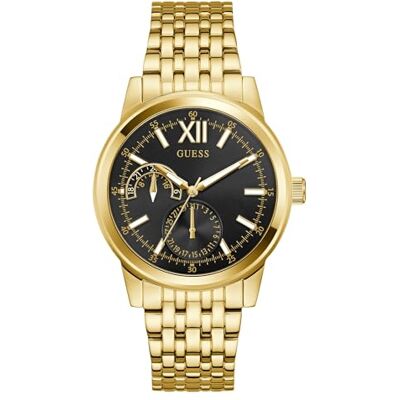 GUESS Emerson Reloj de Pulsera para Hombre con Fecha, Correa de Acero Inoxidable Dorado, Cristal Mineral, Esfera Negra, 3 Bar, diámetro de la Caja: 42 mm GUESS Emerson Reloj de Pulsera para Hombre con Fecha, Correa de Acero Inoxidable Dorado, Cristal Mineral, Esfera Negra, 3 Bar, diámetro de la Caja: 42 mm