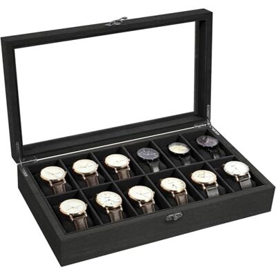 Uten Caja de Relojes con 12 Compartimentos, Caja para Reloje Madera, Tapa de Vidrio y Almohada Algodón Seda, Forro Negro, para Exhibición y Almacenamiento de Relojes Joyería, Regalo Ideal Uten Caja de Relojes con 12 Compartimentos, Caja para Reloje Madera, Tapa de Vidrio y Almohada Algodón Seda, Forro Negro, para Exhibición y Almacenamiento de Relojes Joyería, Regalo Ideal