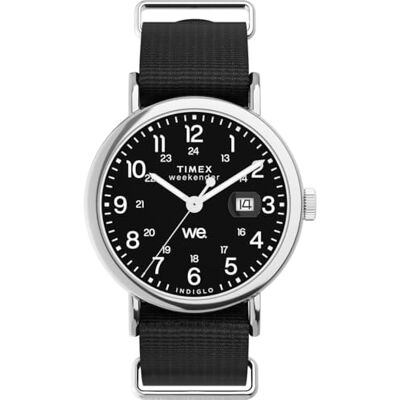 Timex Weekender Reloj con correa de tela negra con esfera negra y caja plateada para hombre, 40 mm Timex Weekender Reloj con correa de tela negra con esfera negra y caja plateada para hombre, 40 mm