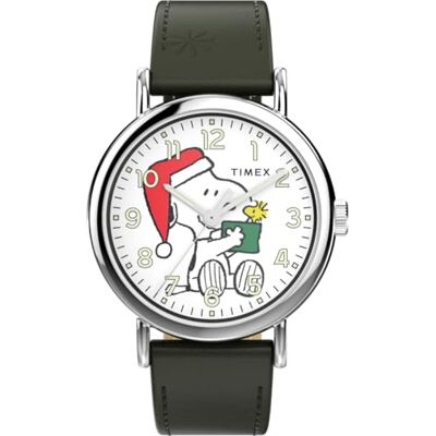 Timex Peanuts Holiday Reloj con correa de cuero verde con esfera blanca y caja plateada para hombre, 40 mm Timex Peanuts Holiday Reloj con correa de cuero verde con esfera blanca y caja plateada para hombre, 40 mm