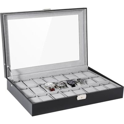 Uten Caja de Relojes con 24 Compartimentos, Caja de Almacenamiento de Relojes con Tapa de Cristal, Joyeros para Organización y Exhibición, Piel Sintética Negra, Forro Gris Uten Caja de Relojes con 24 Compartimentos, Caja de Almacenamiento de Relojes con Tapa de Cristal, Joyeros para Organización y Exhibición, Piel Sintética Negra, Forro Gris