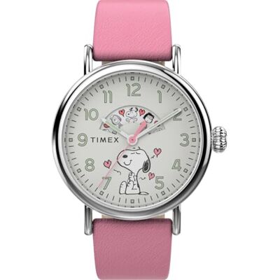 Timex Peanuts Reloj con correa de cuero rosa con esfera blanca y caja en tono plateado para mujer, 40 mm Timex Peanuts Reloj con correa de cuero rosa con esfera blanca y caja en tono plateado para mujer, 40 mm