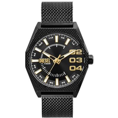 Diesel Scraper reloj para Hombre, movimiento de cuarzo con fecha a tres agujas y correa de acero o piel, 43 mm, Negro y tono dorado Diesel Scraper reloj para Hombre, movimiento de cuarzo con fecha a tres agujas y correa de acero o piel, 43 mm, Negro y tono dorado