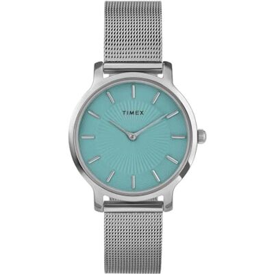 Timex TREND TW2Y10100 Reloj con correa de malla de acero inoxidable plateado con esfera azul y caja de latón bajo en plomo para mujer, 34 mm Timex TREND TW2Y10100 Reloj con correa de malla de acero inoxidable plateado con esfera azul y caja de latón bajo en plomo para mujer, 34 mm