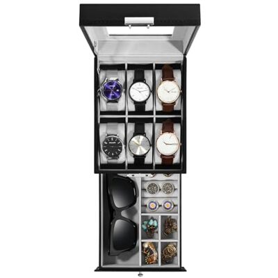 Uten Caja de Relojes con 6 Compartimentos, 2 Niveles Caja para Reloje Madera, Tapa de Vidrio y Almohada Algodón Seda, Forro Gris, para Exhibición y Almacenamiento de Relojes Joyería Uten Caja de Relojes con 6 Compartimentos, 2 Niveles Caja para Reloje Madera, Tapa de Vidrio y Almohada Algodón Seda, Forro Gris, para Exhibición y Almacenamiento de Relojes Joyería