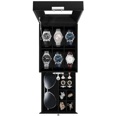 Uten Caja de Relojes con 6 Compartimentos, 2 Niveles Caja para Reloje Madera, Tapa de Vidrio y Almohada Algodón Seda, Forro Negro, para Exhibición y Almacenamiento de Relojes Joyería Uten Caja de Relojes con 6 Compartimentos, 2 Niveles Caja para Reloje Madera, Tapa de Vidrio y Almohada Algodón Seda, Forro Negro, para Exhibición y Almacenamiento de Relojes Joyería