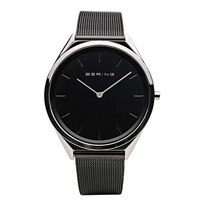 BERING Reloj de cuarzo unisex con caja de acero inoxidable plateado de 39 mm y esfera negra, correa milanesa, cristal de zafiro y resistencia al agua de 3 ATM BERING Reloj de cuarzo unisex con caja de acero inoxidable plateado de 39 mm y esfera negra, correa milanesa, cristal de zafiro y resistencia al agua de 3 ATM