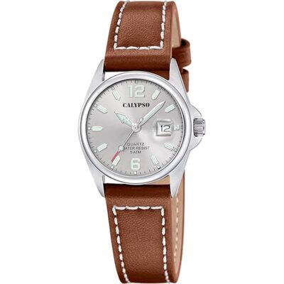 CALYPSO Reloj Mujer Analógico de Cuero Marrón Movimiento de Cuarzo Cristal Mineral de Alta Resistencia Resistente al Agua 5 ATM Elegante, Clásico y Vintage Calendario K5871/2 Basic CALYPSO Reloj Mujer Analógico de Cuero Marrón Movimiento de Cuarzo Cristal Mineral de Alta Resistencia Resistente al Agua 5 ATM Elegante, Clásico y Vintage Calendario K5871/2 Basic