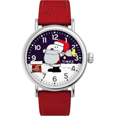Timex Peanuts Snoopy Santa Reloj con Correa de Cuero roja con Esfera Azul y Caja Plateada para Hombre, 40 mm Timex Peanuts Snoopy Santa Reloj con Correa de Cuero roja con Esfera Azul y Caja Plateada para Hombre, 40 mm