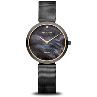 BERING Reloj de Cuarzo para Mujer con Caja de Acero Inoxidable de 32 mm con Acabado Negro y Esfera Negra, Correa milanesa, Cristal de Zafiro y Resistencia al Agua de 3 ATM BERING Reloj de Cuarzo para Mujer con Caja de Acero Inoxidable de 32 mm con Acabado Negro y Esfera Negra, Correa milanesa, Cristal de Zafiro y Resistencia al Agua de 3 ATM