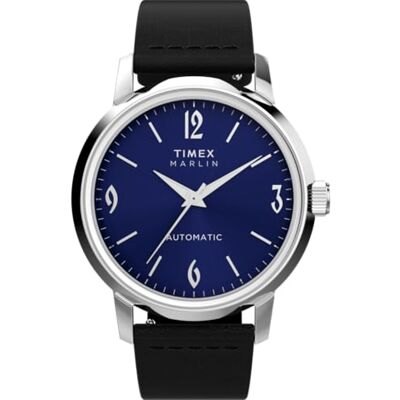 Timex Marlin Automatic Reloj con Correa de Cuero Negro con Esfera Azul y Caja de Acero Inoxidable para Hombre, 40 mm Timex Marlin Automatic Reloj con Correa de Cuero Negro con Esfera Azul y Caja de Acero Inoxidable para Hombre, 40 mm