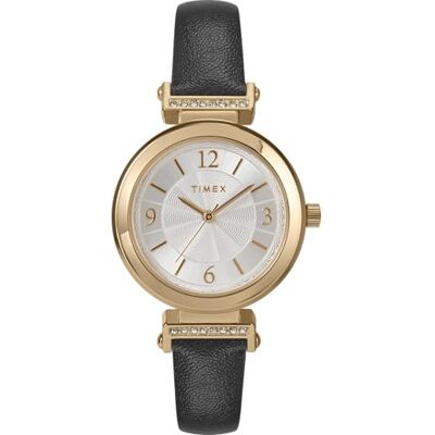 Timex Main Street Reloj para Mujer, Correa de Cuero Negro, Esfera Plateada, Caja Dorada, 31 mm, Timex Main Street Reloj para Mujer, Correa de Cuero Negro, Esfera Plateada, Caja Dorada, 31 mm,