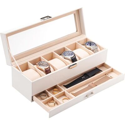 ProCase Caja de Relojes de 6 Ranuras con Cajón, Funda Organizadora de Reloj de 2 capas con Tapa de Cristal, Estuche de Almacenamiento para Hombres y Mujeres -Blanco ProCase Caja de Relojes de 6 Ranuras con Cajón, Funda Organizadora de Reloj de 2 capas con Tapa de Cristal, Estuche de Almacenamiento para Hombres y Mujeres -Blanco