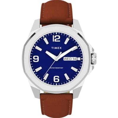 Timex Essex Day & Date Reloj con Correa de Cuero marrón con Esfera Azul y Caja Plateada para Hombre, 46 mm Timex Essex Day & Date Reloj con Correa de Cuero marrón con Esfera Azul y Caja Plateada para Hombre, 46 mm