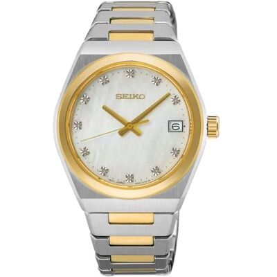 Seiko Reloj de Pulsera clásico para Mujer en Color Bicolor con Correa de Acero Inoxidable, Resistencia al Agua: 10 Bar, diámetro de la Caja: 34 mm, Seiko Reloj de Pulsera clásico para Mujer en Color Bicolor con Correa de Acero Inoxidable, Resistencia al Agua: 10 Bar, diámetro de la Caja: 34 mm,