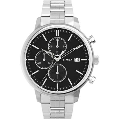 Timex Orologio Trend 45 mm Cassa argentata con quadrante nero e bracciale in acciaio inossidabile TW2V01600 Timex Orologio Trend 45 mm Cassa argentata con quadrante nero e bracciale in acciaio inossidabile TW2V01600