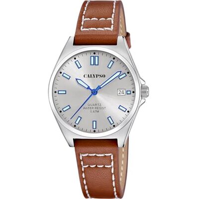 CALYPSO Reloj Mujer Analógico de Cuero Marrón Movimiento de Cuarzo Cristal Mineral de Alta Resistencia Resistente al Agua 5 ATM Elegante, Clásico y Vintage Calendario K5869/2 Basic CALYPSO Reloj Mujer Analógico de Cuero Marrón Movimiento de Cuarzo Cristal Mineral de Alta Resistencia Resistente al Agua 5 ATM Elegante, Clásico y Vintage Calendario K5869/2 Basic