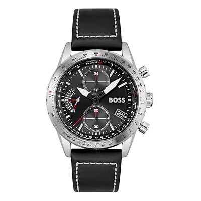 Boss Reloj Cronógrafo de Cuarzo para Hombre de 44mm EDICIÓN Pilot Chrono con Esfera Negra, Correa de Cuero Negra, Función de Fecha, 3 Sub-Diales, Resistencia al Agua 5ATM Boss Reloj Cronógrafo de Cuarzo para Hombre de 44mm EDICIÓN Pilot Chrono con Esfera Negra, Correa de Cuero Negra, Función de Fecha, 3 Sub-Diales, Resistencia al Agua 5ATM