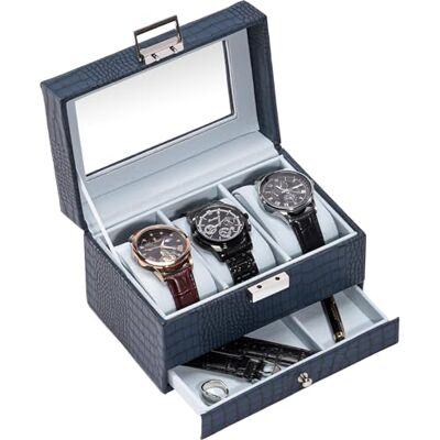 ProCase Caja de Relojes 3 Ranuras con Cajón -Azul Organizadora de Reloj de 2 Capas, Estuche de Relojes con Tapa de Cristal, Idea de Regalo ProCase Caja de Relojes 3 Ranuras con Cajón -Azul Organizadora de Reloj de 2 Capas, Estuche de Relojes con Tapa de Cristal, Idea de Regalo