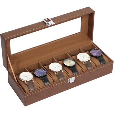 Uten Caja de Relojes con 6 Compartimentos, Caja para Reloje PU, Cerradura con Llave, Tapa Vidrio, Forro Terciopelo Marrón, para Exhibición y Almacenamiento Relojes Joyería, Regalo Ideal Uten Caja de Relojes con 6 Compartimentos, Caja para Reloje PU, Cerradura con Llave, Tapa Vidrio, Forro Terciopelo Marrón, para Exhibición y Almacenamiento Relojes Joyería, Regalo Ideal