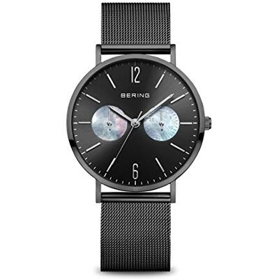 BERING Reloj de cuarzo para mujer de 36 mm con caja de acero inoxidable con acabado negro y esfera negra, correa milanesa, cristal de zafiro y resistencia al agua de 3 ATM BERING Reloj de cuarzo para mujer de 36 mm con caja de acero inoxidable con acabado negro y esfera negra, correa milanesa, cristal de zafiro y resistencia al agua de 3 ATM