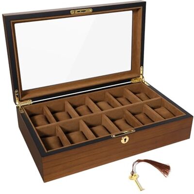 Uten Caja de reloj con 12 ranuras, organizador de relojes con cerradura dorada y llave, caja de almacenamiento de madera con cojines extraíbles para reloj, forro de terciopelo, cierre de metal, regalo Uten Caja de reloj con 12 ranuras, organizador de relojes con cerradura dorada y llave, caja de almacenamiento de madera con cojines extraíbles para reloj, forro de terciopelo, cierre de metal, regalo