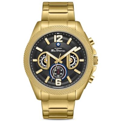 Ben Sherman Sheffield Reloj cronógrafo de Cuarzo para Hombre, Esfera Negra, Chapado en Oro, Acero Inoxidable, Cristal Mineral, 3 ATM, Caja de 44 mm Ben Sherman Sheffield Reloj cronógrafo de Cuarzo para Hombre, Esfera Negra, Chapado en Oro, Acero Inoxidable, Cristal Mineral, 3 ATM, Caja de 44 mm