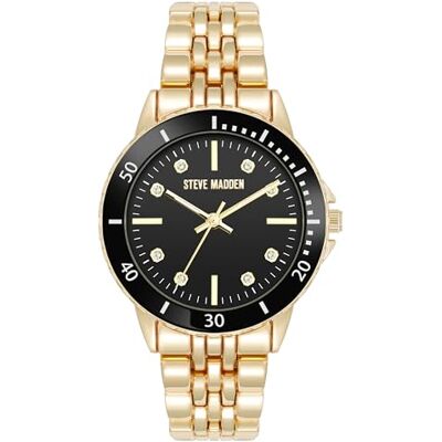 Steve Madden Reloj para Mujeres con Brazalete Acentuado de Cristal, Negro/Oro Steve Madden Reloj para Mujeres con Brazalete Acentuado de Cristal, Negro/Oro