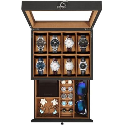 Uten Caja de Relojes con 8 Compartimentos, 2 Niveles Caja para Reloje Madera, Tapa de Vidrio y Almohada Algodón Seda, Forro Marrón, para Exhibición y Almacenamiento de Relojes Joyería Uten Caja de Relojes con 8 Compartimentos, 2 Niveles Caja para Reloje Madera, Tapa de Vidrio y Almohada Algodón Seda, Forro Marrón, para Exhibición y Almacenamiento de Relojes Joyería