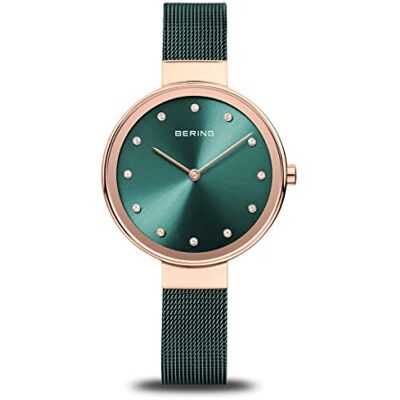 BERING Reloj de Cuarzo para Mujer con Caja de Acero Inoxidable de 34 mm con Acabado en Oro Rosa y Esfera Verde, Correa milanesa, Cristal de Zafiro y Resistencia al Agua de 3 ATM BERING Reloj de Cuarzo para Mujer con Caja de Acero Inoxidable de 34 mm con Acabado en Oro Rosa y Esfera Verde, Correa milanesa, Cristal de Zafiro y Resistencia al Agua de 3 ATM