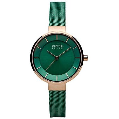 BERING Reloj solar para mujer con caja de acero inoxidable de 31 mm con acabado en oro rosa y esfera verde, correa milanesa, cristal de zafiro y resistencia al agua de 5 ATM BERING Reloj solar para mujer con caja de acero inoxidable de 31 mm con acabado en oro rosa y esfera verde, correa milanesa, cristal de zafiro y resistencia al agua de 5 ATM