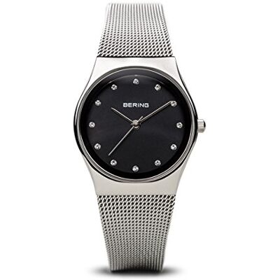 BERING Reloj de cuarzo para mujer con caja de acero inoxidable plateado de 27 mm y esfera negra, correa milanesa, cristal de zafiro y resistencia al agua de 3 ATM BERING Reloj de cuarzo para mujer con caja de acero inoxidable plateado de 27 mm y esfera negra, correa milanesa, cristal de zafiro y resistencia al agua de 3 ATM