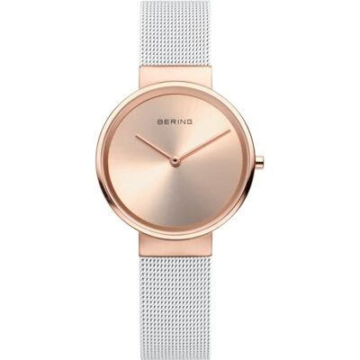 BERING Reloj de Cuarzo para Mujer con Caja de Acero Inoxidable de 31 mm con Acabado en Oro Rosa y Esfera en Oro Rosa, Correa milanesa, Cristal de Zafiro y Resistencia al Agua de 5 ATM BERING Reloj de Cuarzo para Mujer con Caja de Acero Inoxidable de 31 mm con Acabado en Oro Rosa y Esfera en Oro Rosa, Correa milanesa, Cristal de Zafiro y Resistencia al Agua de 5 ATM