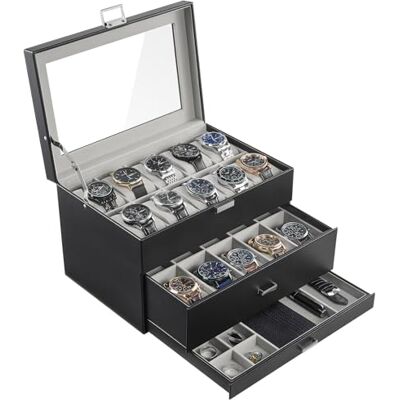 ProCase Caja para Relojes de 20 Compartimentos, 3 Niveles -Negro Organizadora para Relojes para Hombre con Cajón Estuche de Almacenaje con Tapa de Cristal Vitrina Expositor, Regalo Ideal ProCase Caja para Relojes de 20 Compartimentos, 3 Niveles -Negro Organizadora para Relojes para Hombre con Cajón Estuche de Almacenaje con Tapa de Cristal Vitrina Expositor, Regalo Ideal