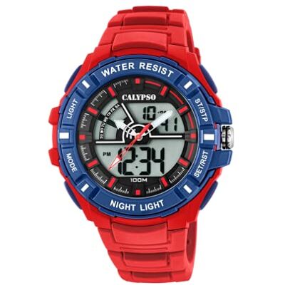 CALYPSO Reloj Modelo de la colección Street Style, Caja de 54 mm Negro con Correa de Caucho Rojo para Caballero CALYPSO Reloj Modelo de la colección Street Style, Caja de 54 mm Negro con Correa de Caucho Rojo para Caballero
