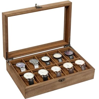 Uten Caja de Relojes con 10 Compartimentos, Caja para Reloje Madera, Tapa de Vidrio y Almohada Algodón Seda, Forro Marrón, para Exhibición y Almacenamiento de Relojes Joyería, Regalo Ideal Uten Caja de Relojes con 10 Compartimentos, Caja para Reloje Madera, Tapa de Vidrio y Almohada Algodón Seda, Forro Marrón, para Exhibición y Almacenamiento de Relojes Joyería, Regalo Ideal