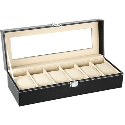 Uten Estuche para Relojes y Joyeros con 6 Rejillas Forro de Terciopelo Hebilla de Metal, Alfombrilla Extraíble, Cubierta de Cristal, Cuero Sintético Negro Uten Estuche para Relojes y Joyeros con 6 Rejillas Forro de Terciopelo Hebilla de Metal, Alfombrilla Extraíble, Cubierta de Cristal, Cuero Sintético Negro