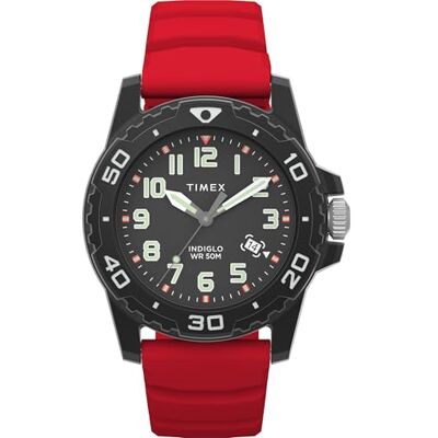 Timex Reloj de 42 mm para hombre, correa de silicona roja, esfera negra, caja negra Timex Reloj de 42 mm para hombre, correa de silicona roja, esfera negra, caja negra