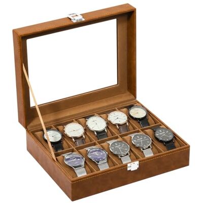 Uten Caja de Relojes con 10 Compartimentos, Caja para Reloje PU, Cerradura con Llave, Tapa Vidrio, Forro Terciopelo Marrón, para Exhibición y Almacenamiento Relojes Joyería, Regalo Ideal Uten Caja de Relojes con 10 Compartimentos, Caja para Reloje PU, Cerradura con Llave, Tapa Vidrio, Forro Terciopelo Marrón, para Exhibición y Almacenamiento Relojes Joyería, Regalo Ideal