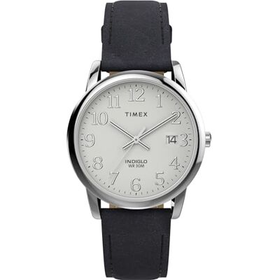 Timex Easy Reader Reloj para hombre de 35 mm, pulsera en piel negra, esfera rosa, caja en color plateado Timex Easy Reader Reloj para hombre de 35 mm, pulsera en piel negra, esfera rosa, caja en color plateado