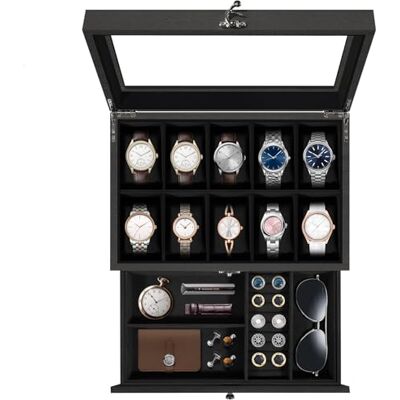Uten Caja de Relojes con 10 Compartimentos, 2 Niveles Caja para Reloje Madera, Tapa de Vidrio y Almohada Algodón Seda, Forro Negro, para Exhibición y Almacenamiento de Relojes Joyería Uten Caja de Relojes con 10 Compartimentos, 2 Niveles Caja para Reloje Madera, Tapa de Vidrio y Almohada Algodón Seda, Forro Negro, para Exhibición y Almacenamiento de Relojes Joyería