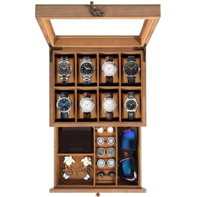 Uten Caja de Relojes con 8 Compartimentos, 2 Niveles Caja para Reloje Madera, Tapa de Vidrio y Almohada Algodón Seda, Forro Marrón, para Exhibición y Almacenamiento de Relojes Joyería Uten Caja de Relojes con 8 Compartimentos, 2 Niveles Caja para Reloje Madera, Tapa de Vidrio y Almohada Algodón Seda, Forro Marrón, para Exhibición y Almacenamiento de Relojes Joyería