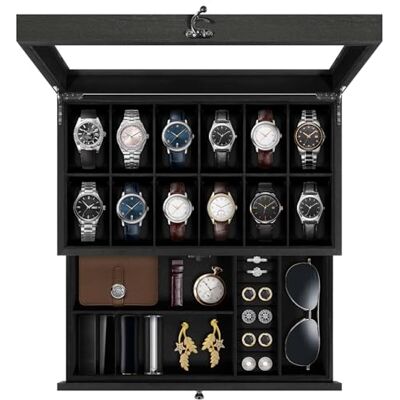 Uten Caja de Relojes con 12 Compartimentos, 2 Niveles Caja para Reloje Madera, Tapa de Vidrio y Almohada Algodón Seda, Forro Negro, para Exhibición y Almacenamiento de Relojes Joyería Uten Caja de Relojes con 12 Compartimentos, 2 Niveles Caja para Reloje Madera, Tapa de Vidrio y Almohada Algodón Seda, Forro Negro, para Exhibición y Almacenamiento de Relojes Joyería