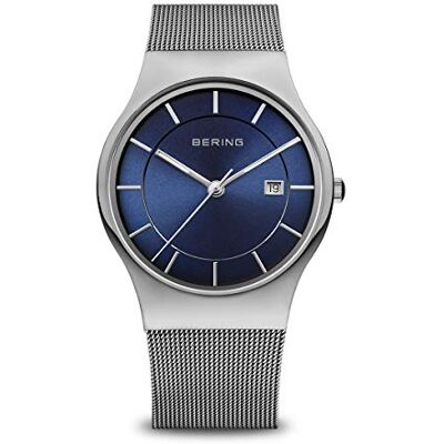 BERING Reloj de cuarzo para hombre con caja de acero inoxidable plateado de 40 mm y esfera azul, correa milanesa, cristal de zafiro y resistencia al agua de 3 ATM BERING Reloj de cuarzo para hombre con caja de acero inoxidable plateado de 40 mm y esfera azul, correa milanesa, cristal de zafiro y resistencia al agua de 3 ATM